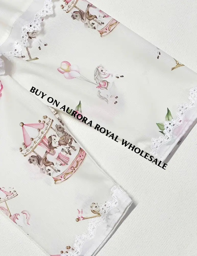 NEW‼️PACK OF 5 SIZES CAROUSEL PINK CUSTOM PRINTED PYJAMA & BOWS SET🎀🎀 BABY/TODDLER OUTFIT