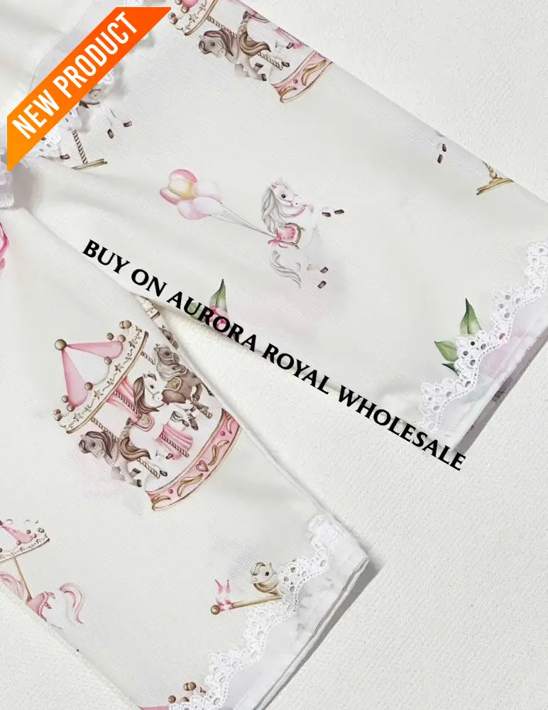 NEW‼️PACK OF 5 SIZES CAROUSEL PINK CUSTOM PRINTED PYJAMA & BOWS SET🎀🎀 BABY/TODDLER OUTFIT