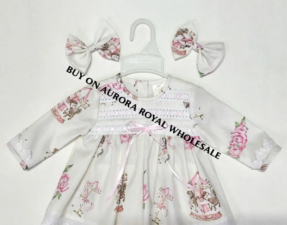 NEW‼️PACK OF 5 SIZES CAROUSEL PINK CUSTOM PRINTED PYJAMA & BOWS SET🎀🎀 BABY/TODDLER OUTFIT