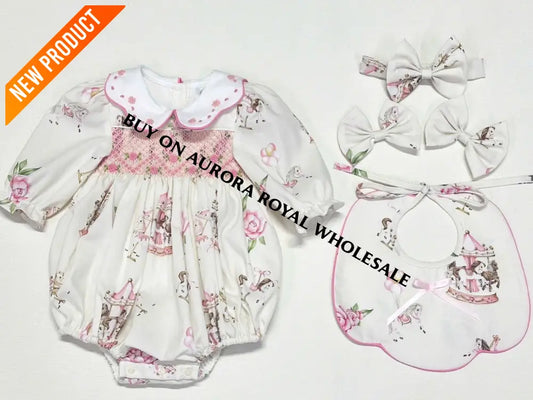 NEW🤩PACK OF 5 SIZES CAROUSEL PINK HAND-SMOCKED🧵🪡CUSTOM PRINT BABY ROMPER SET🎀 BABY/TODDLER OUTFIT