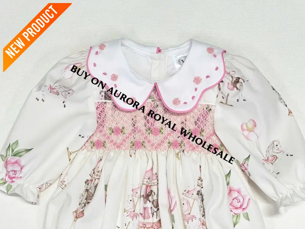 NEW🤩PACK OF 5 SIZES CAROUSEL PINK HAND-SMOCKED🧵🪡CUSTOM PRINT BABY ROMPER SET🎀 BABY/TODDLER OUTFIT