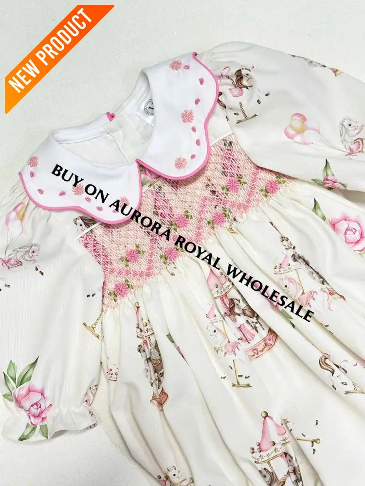NEW🤩PACK OF 5 SIZES CAROUSEL PINK HAND-SMOCKED🧵🪡CUSTOM PRINT BABY ROMPER SET🎀 BABY/TODDLER OUTFIT
