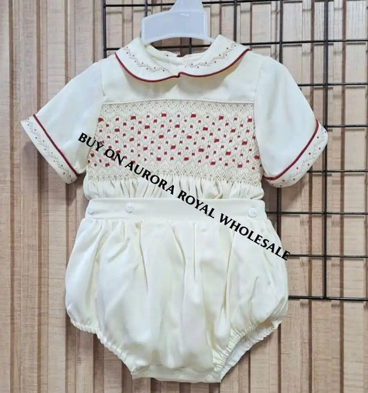 NEW🤩PACK OF 5 SIZES CHRISTIAN🎄CHAMPAGNE SILK BLEND HAND-SMOCKED🧵🪡BABY BOYS ROMPER/SUIT🥰 BABY/TODDLER OUTFIT