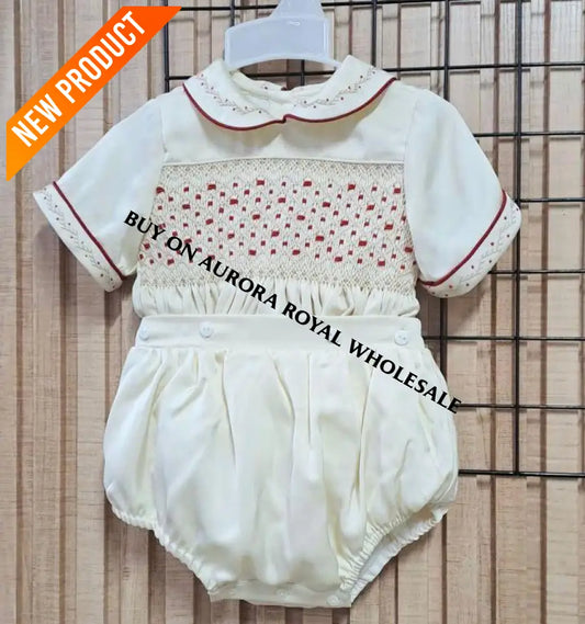 NEW🤩PACK OF 5 SIZES CHRISTIAN🎄CHAMPAGNE SILK BLEND HAND-SMOCKED🧵🪡BABY BOYS ROMPER/SUIT🥰 BABY/TODDLER OUTFIT