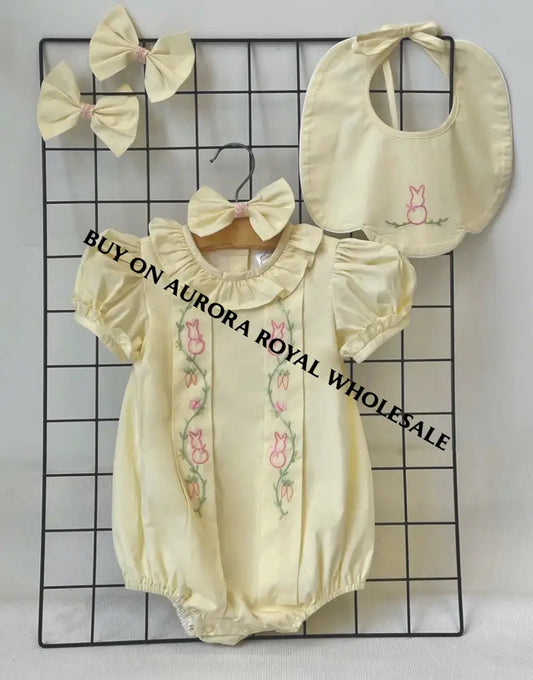 PRE-ORDER&GET NEXT WEEK‼️PACK OF 5 SIZES NEW COCO🐇 PALE LEMON👑HAND-EMBROIDERED🪡🧵ROMPER & BIB SET👼 BABY/TODDLER OUTFIT