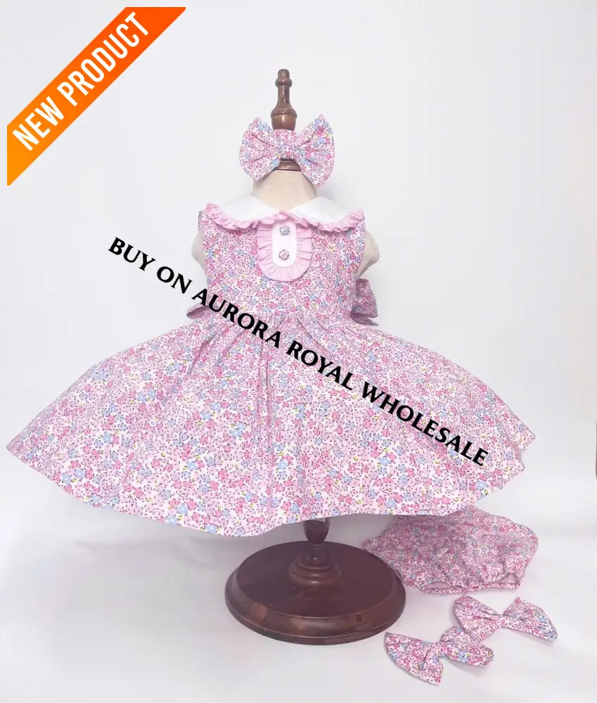 NEW🤩PACK OF 5 SIZES COLETTE TRADITIONAL PINK🌸FLORAL COTTON DRESS KNICKERS & HEADBAND OR BOWS🎀 BABY/TODDLER DRESS