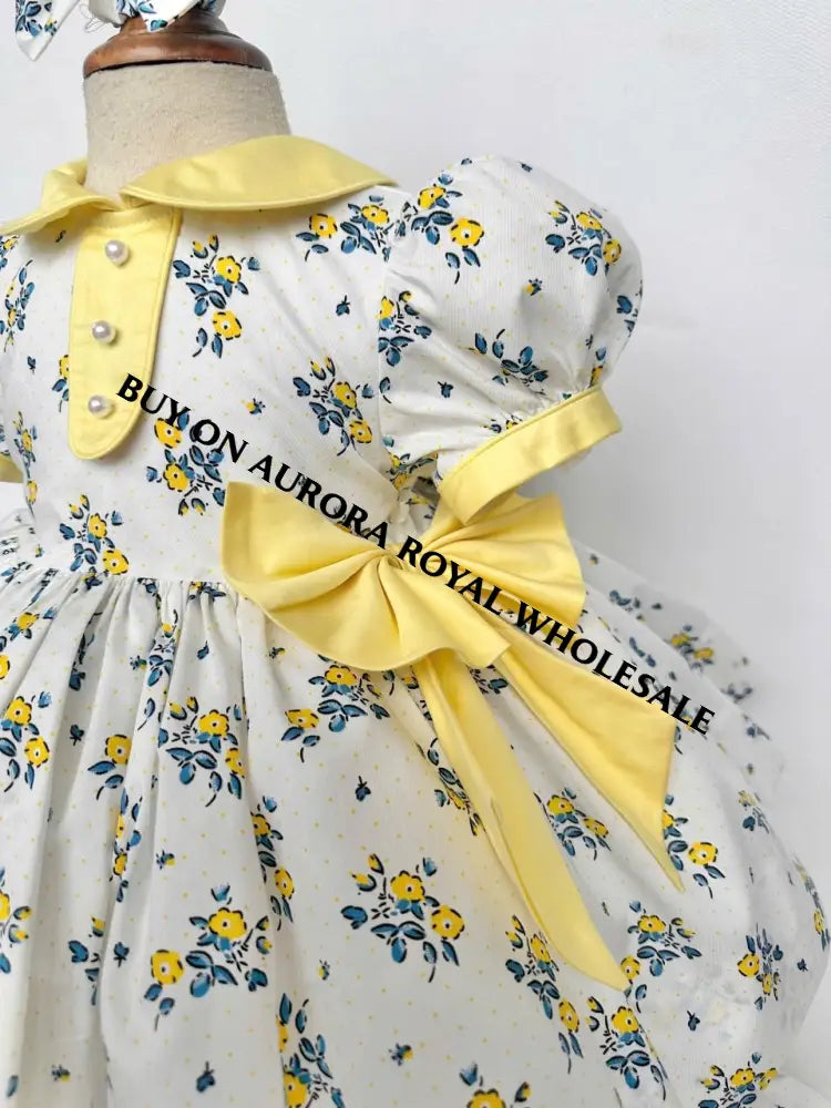 NEW☀️PACK OF 5 SIZES DAKOTA BLUE & LEMON CLASSIC COTTON FLORAL🌸☀️🍋PRINTED DRESS KNICKERS & BOWS🎀 BABY/TODDLER DRESS