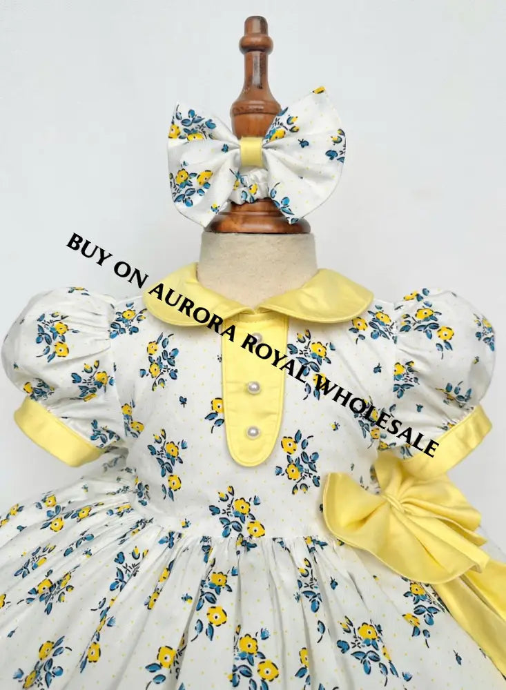 NEW☀️PACK OF 5 SIZES DAKOTA BLUE & LEMON CLASSIC COTTON FLORAL🌸☀️🍋PRINTED DRESS KNICKERS & BOWS🎀 BABY/TODDLER DRESS