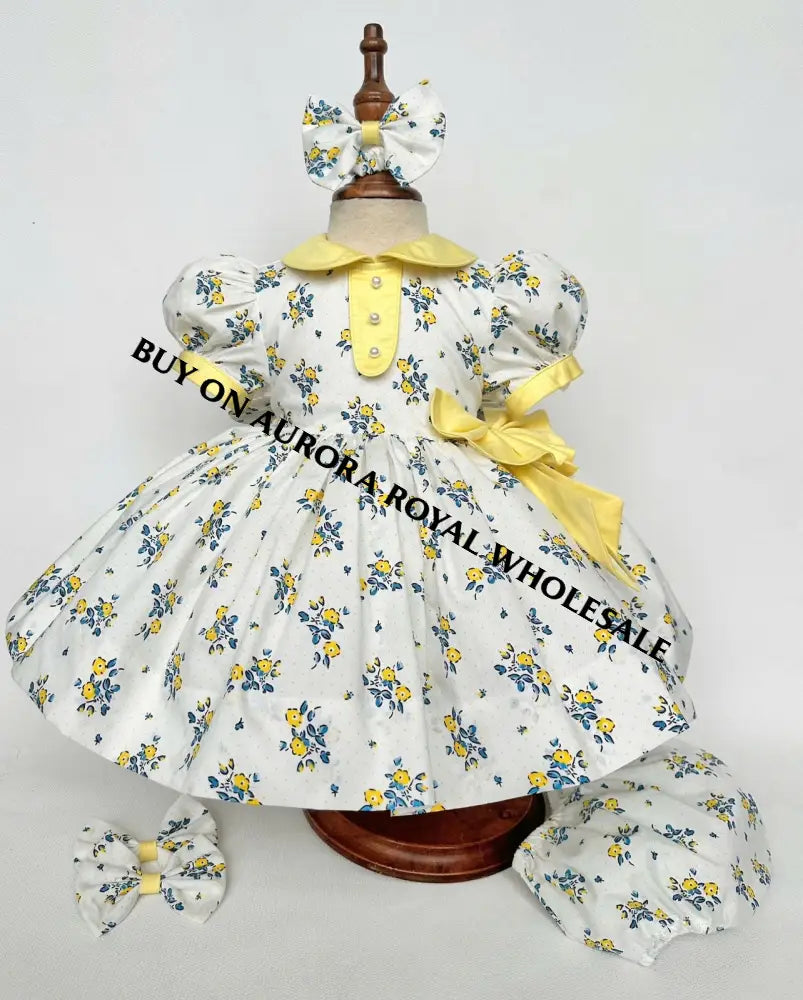 NEW☀️PACK OF 5 SIZES DAKOTA BLUE & LEMON CLASSIC COTTON FLORAL🌸☀️🍋PRINTED DRESS KNICKERS & BOWS🎀 BABY/TODDLER DRESS