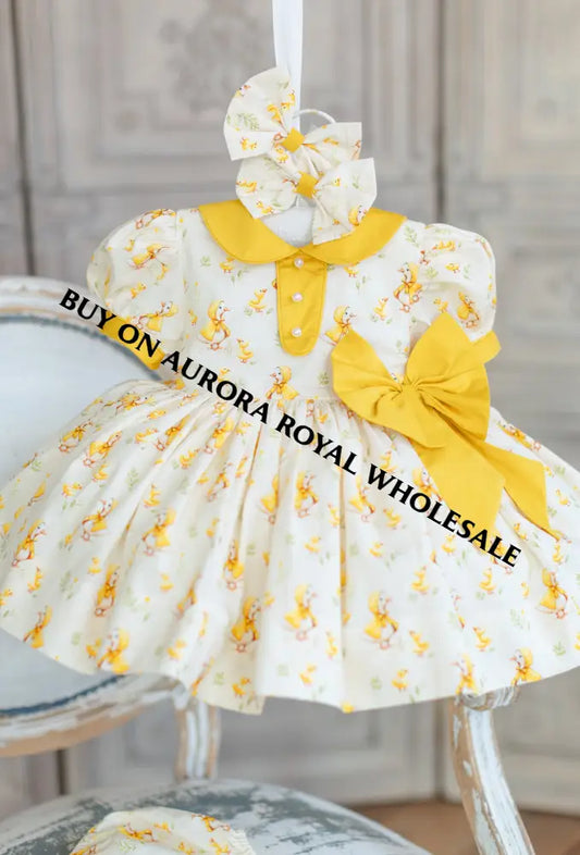 NEW🤩PACK OF 5 SIZES DAKOTA CLASSIC COTTON DUCK🐥CUSTOM PRINT🧚DRESS KNICKERS & BOWS🎀 BABY/TODDLER DRESS