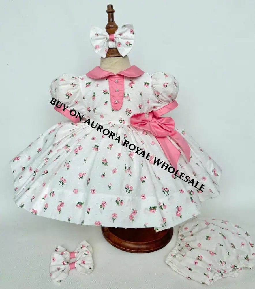 NEW PACK OF 5 SIZES ☀️DAKOTA CLASSIC SWISS DOT COTTON FLORAL🌸🌺PRINTED DRESS KNICKERS & BOWS🎀 BABY/TODDLER DRESS