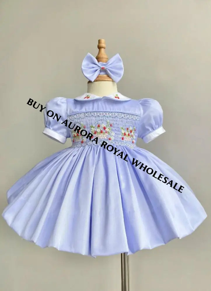 NEW🎄🧑‍🎄PACK OF 5 SIZES ELIZABETH STRAWBERRY🍓BASKET BABY BLUE HAND-SMOCKED🧵🪡👑DRESS & ACCESSORIES🎀 - DRESS