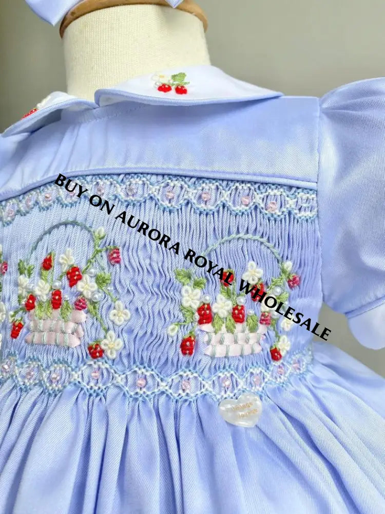 NEW🎄🧑‍🎄PACK OF 5 SIZES ELIZABETH STRAWBERRY🍓BASKET BABY BLUE HAND-SMOCKED🧵🪡👑DRESS & ACCESSORIES🎀 - DRESS