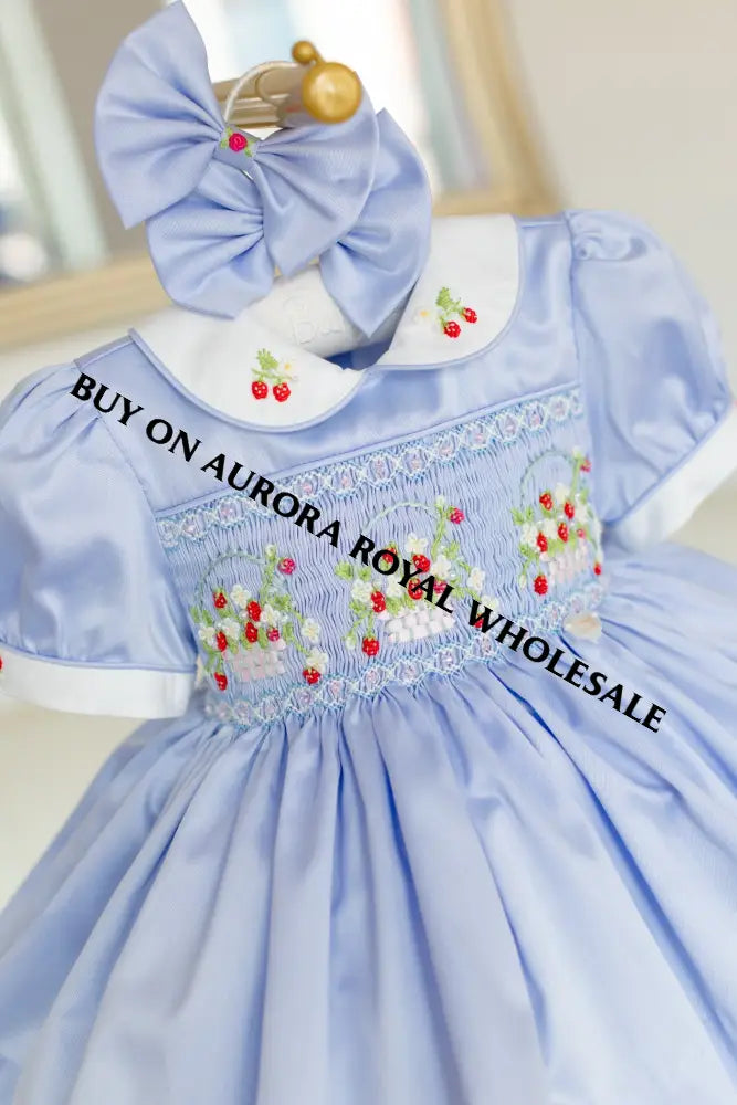 NEW🎄🧑‍🎄PACK OF 5 SIZES ELIZABETH STRAWBERRY🍓BASKET BABY BLUE HAND-SMOCKED🧵🪡👑DRESS & ACCESSORIES🎀 - DRESS