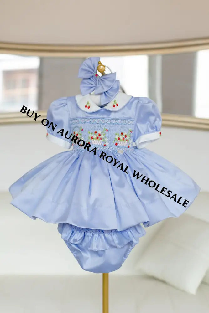 NEW🎄🧑‍🎄PACK OF 5 SIZES ELIZABETH STRAWBERRY🍓BASKET BABY BLUE HAND-SMOCKED🧵🪡👑DRESS & ACCESSORIES🎀 - DRESS
