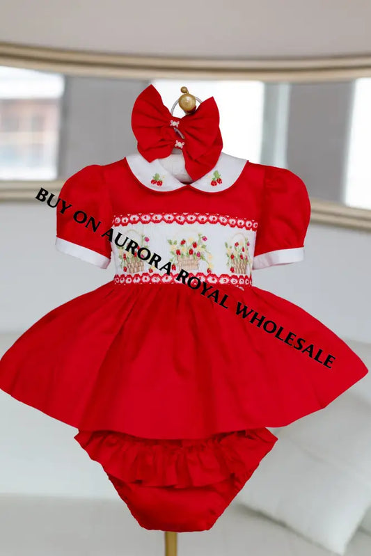NEW🎄PACK OF 5 SIZES 🧑‍🎄ELIZABETH STRAWBERRY🍓BASKET HAND-SMOCKED🧵🪡👑DRESS & ACCESSORIES🎀 - DRESS