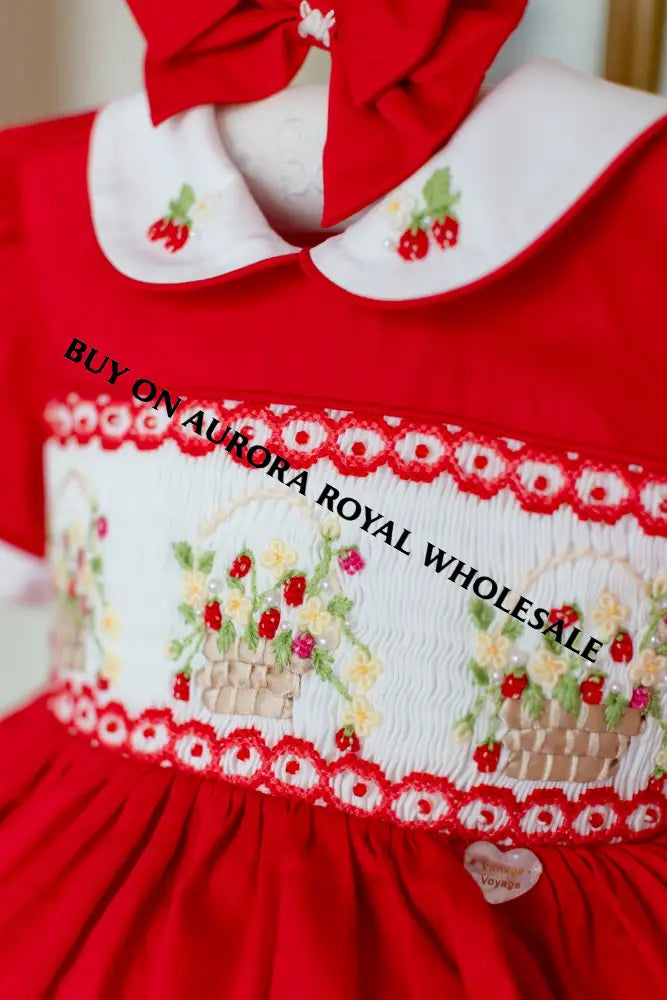 NEW🎄PACK OF 5 SIZES 🧑‍🎄ELIZABETH STRAWBERRY🍓BASKET HAND-SMOCKED🧵🪡👑DRESS & ACCESSORIES🎀 - DRESS
