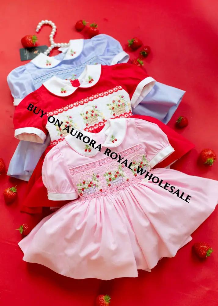 NEW🎄PACK OF 5 SIZES 🧑‍🎄ELIZABETH STRAWBERRY🍓BASKET HAND-SMOCKED🧵🪡👑DRESS & ACCESSORIES🎀 - DRESS
