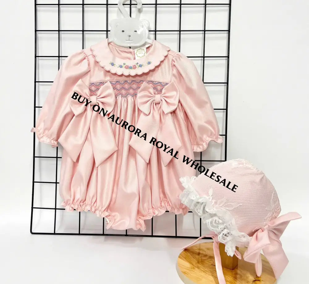 New Pack Of 5 Sizes Ella Peachy/Pink🍑Hand-Smocked Romper Bonnet & Headband Or Bows🎀🎀