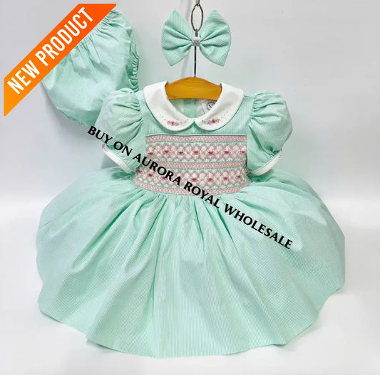 PRE ORDER&GET NEXT WEEK‼️NEW PACK OF 5 SIZES 🤩EMMA MINT👗FRONT & BACK HAND SMOCKED🧵🪡DRESS,PANTIES & HAIR ACCESSORIES🎀