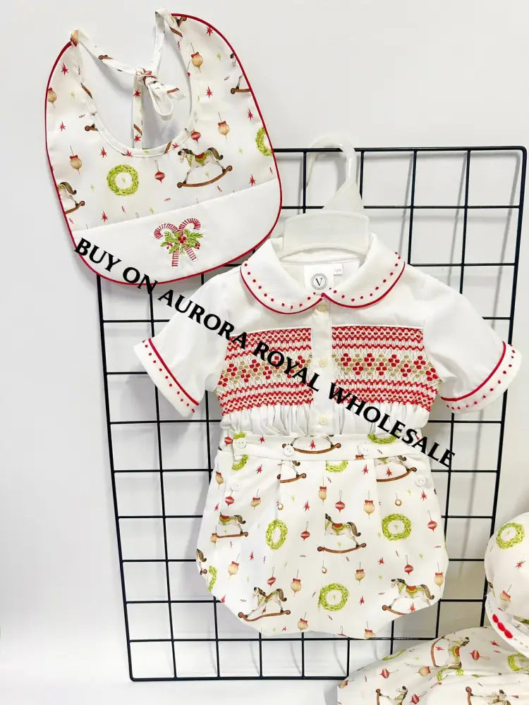 PRE-ORDER NOW & GET NEXT WEEK‼️NEW PACK OF 5 SIZES 🤩FESTIVE FUN🎄🤶BABY BOYS👑HAND-SMOCKED🧵🪡ROMPER/SUIT & BIB SET