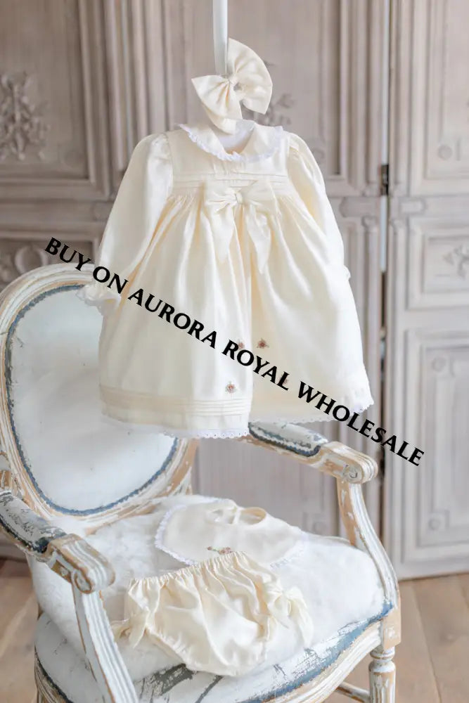 NEW🤩PACK OF 5 SIZES FIONA👼CHAMPAGNE HAND-EMBROIDERED🧵🪡BABY DRESS,BIB,BLOOMERS,HEADBAND SET BABY/TODDLER OUTFIT