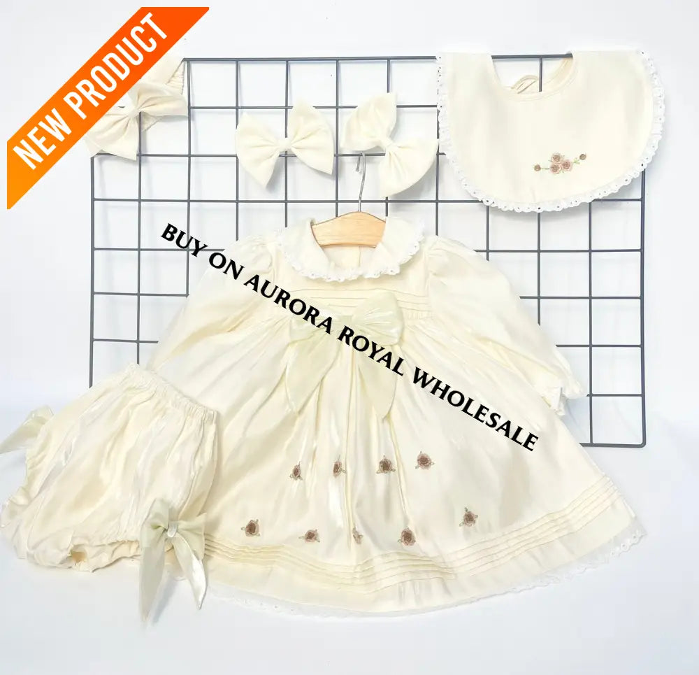NEW🤩PACK OF 5 SIZES FIONA👼CHAMPAGNE HAND-EMBROIDERED🧵🪡BABY DRESS,BIB,BLOOMERS,HEADBAND SET BABY/TODDLER OUTFIT