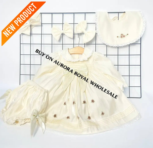 NEW🤩PACK OF 5 SIZES FIONA👼CHAMPAGNE HAND-EMBROIDERED🧵🪡BABY DRESS,BIB,BLOOMERS,HEADBAND SET BABY/TODDLER OUTFIT