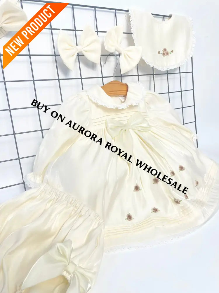 NEW🤩PACK OF 5 SIZES FIONA👼CHAMPAGNE HAND-EMBROIDERED🧵🪡BABY DRESS,BIB,BLOOMERS,HEADBAND SET BABY/TODDLER OUTFIT