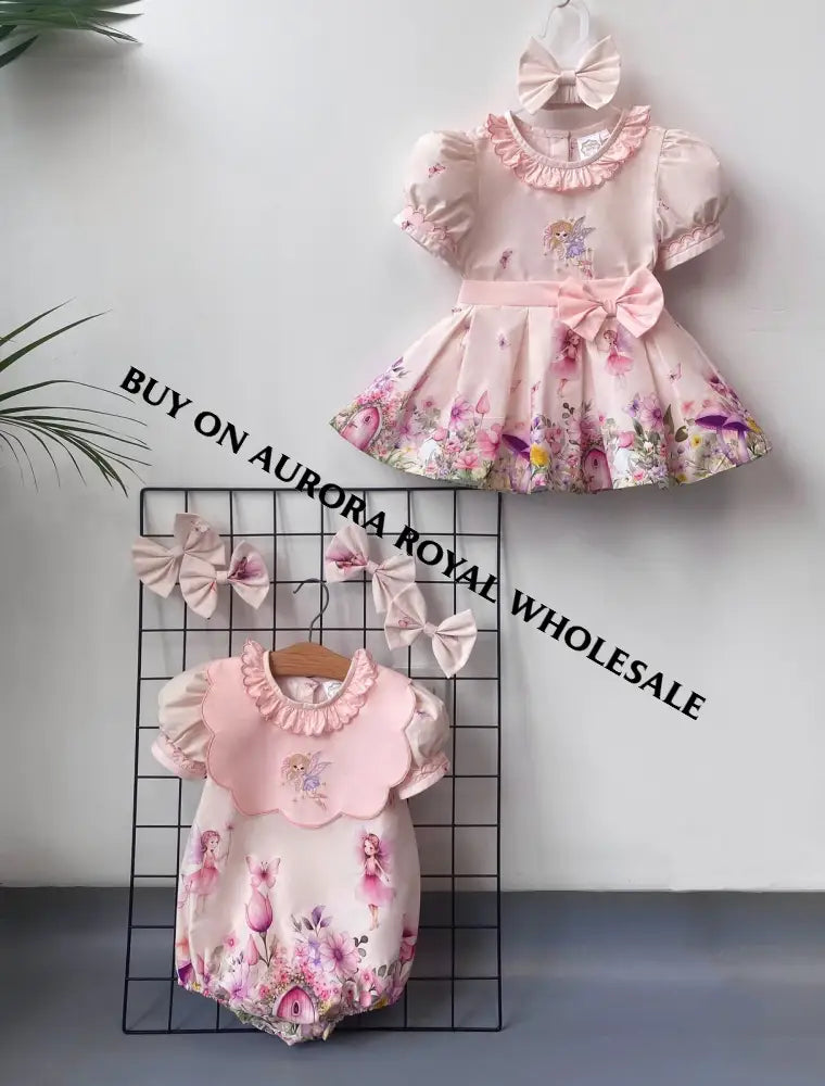 PRE-ORDER❣️NEW👑PACK OF 5 SIZES FLOWER FAIRIES🧚🧚🏻‍♀️COTTOM/POPLIN CUSTOM PRINT BABY ROMPER & MATCHING BIB & BOWS SET🎀🎀