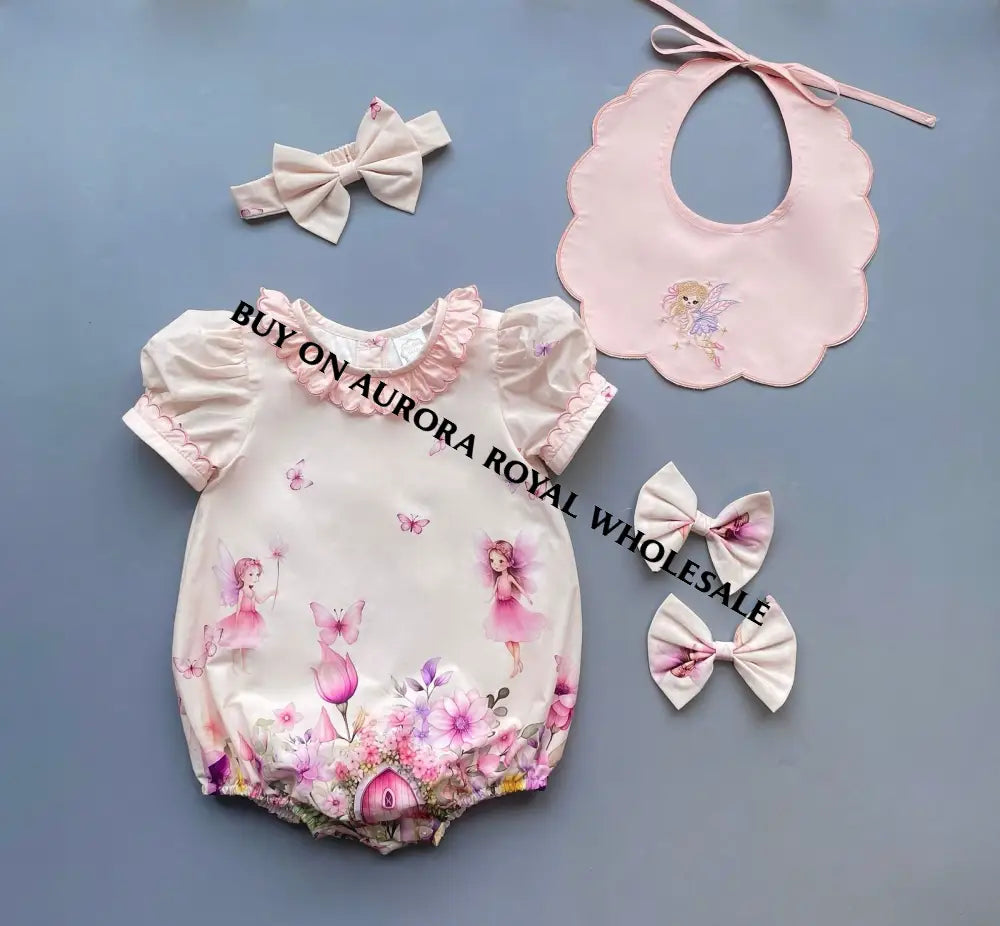 PRE-ORDER❣️NEW👑PACK OF 5 SIZES FLOWER FAIRIES🧚🧚🏻‍♀️COTTOM/POPLIN CUSTOM PRINT BABY ROMPER & MATCHING BIB & BOWS SET🎀🎀