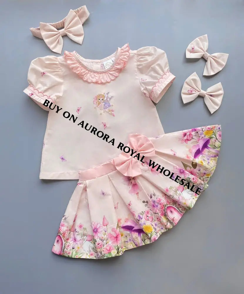 PRE-ORDER❣️NEW🤩PACK OF 5 SIZES FLOWER FAIRIES🧚🧚🏻‍♀️CUSTOM PRINT COTTON SKIRT SET🎀🎀 BABY/TODDLER OUTFIT