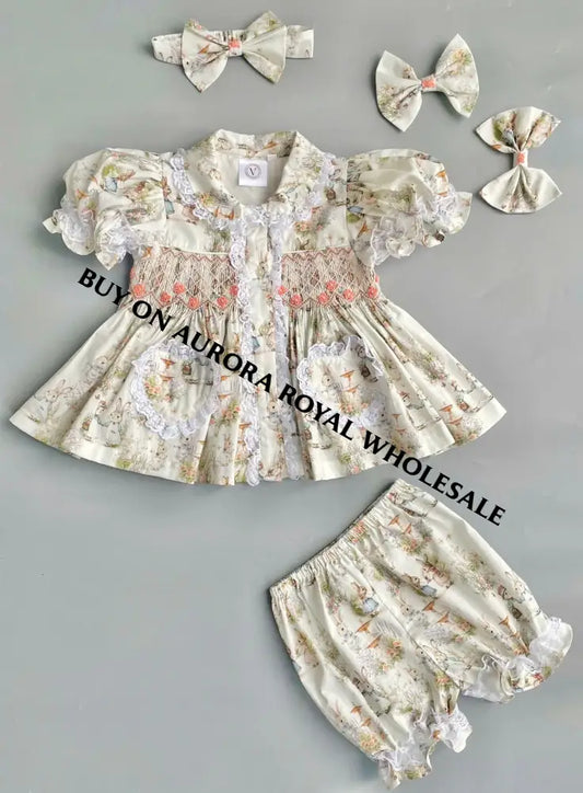 NEW🐇🐇🐇PACK OF 5 SIZES FLUFFYTAILS HAND-SMOCKED🧵🪡BABY PYJAMA & BOWS SET🎀 BABY/TODDLER OUTFIT