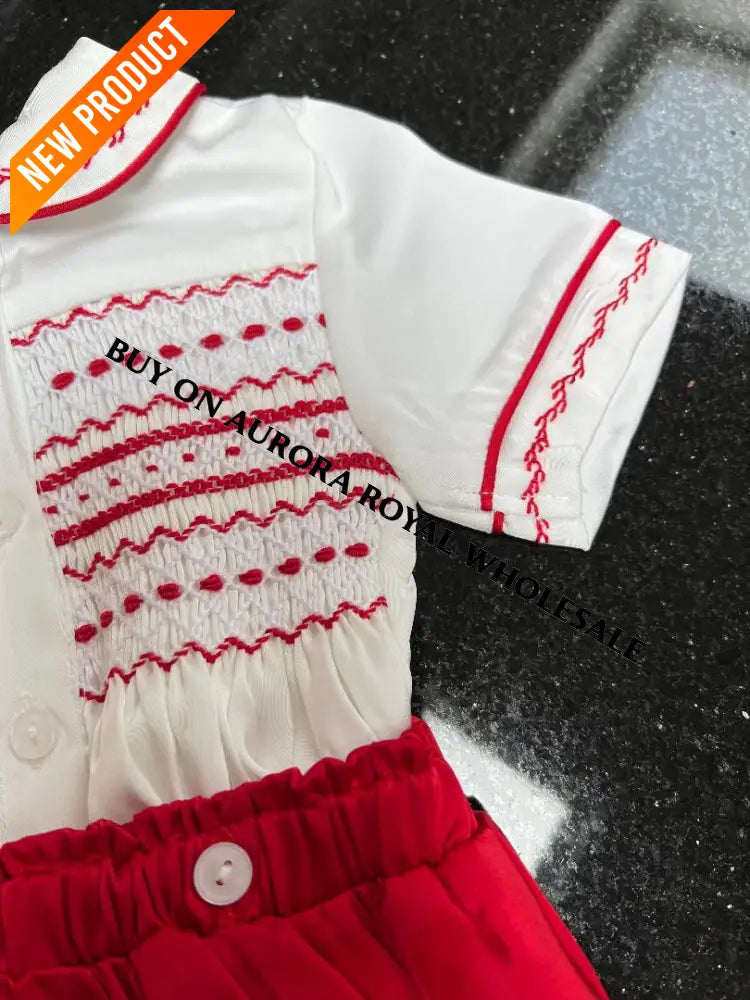 NEW! PACK OF 5 SIZES GEORGE WHITE & RED SILK/SATIN HAND-SMOCKED ROMPER/SUIT BABY/TODDLER OUTFIT