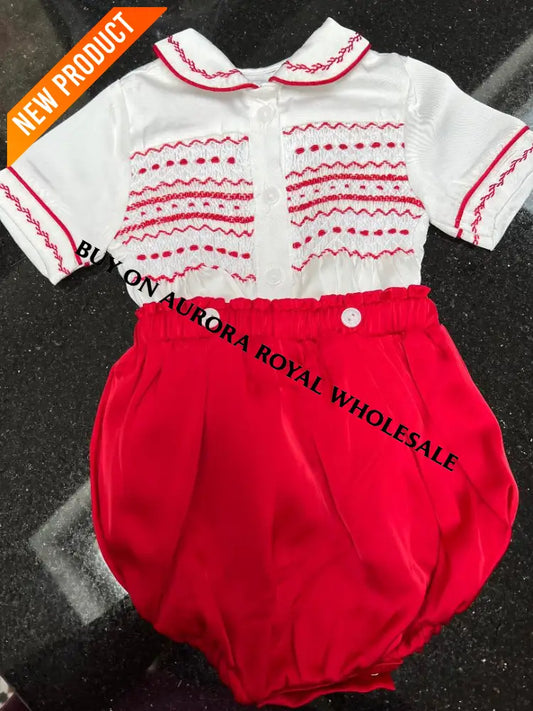 NEW! PACK OF 5 SIZES GEORGE WHITE & RED SILK/SATIN HAND-SMOCKED ROMPER/SUIT BABY/TODDLER OUTFIT