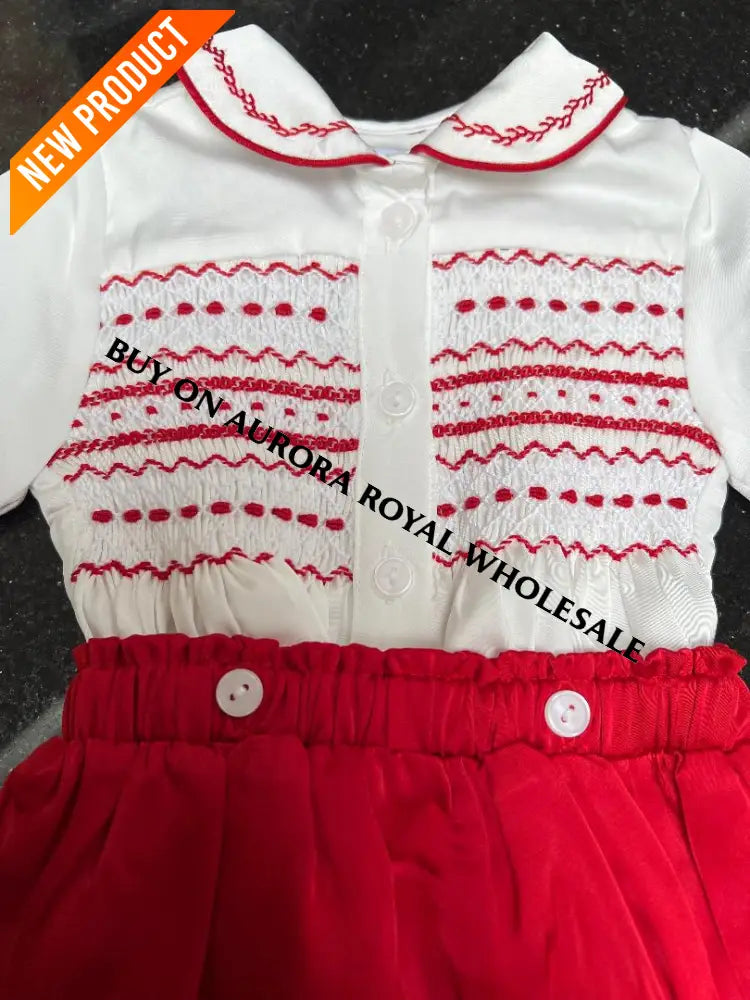 NEW! PACK OF 5 SIZES GEORGE WHITE & RED SILK/SATIN HAND-SMOCKED ROMPER/SUIT BABY/TODDLER OUTFIT