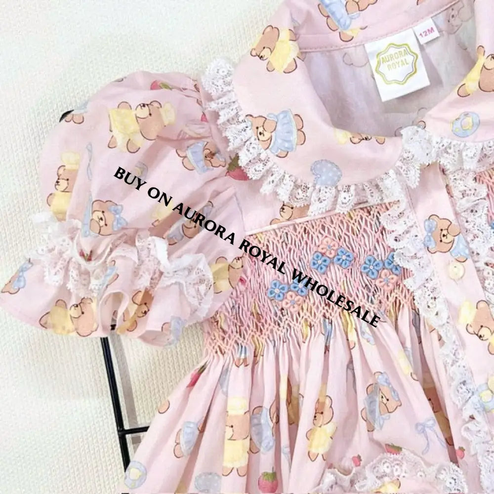 PRE-ORDER💞NEW PACK OF 5 SIZES 🧚🏻‍♀️Girls BABY TEDDY🧸Hand-Smocked 🧵🪡Cotton Nightie Set & Hair Bows🎀🎀 Baby-Toddler Dresses