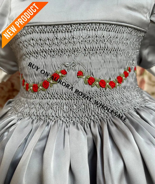 NEW🎄PACK OF 5 SIZES HAZEL SILVER SILK/SATIN🩶FRONT & BACK🧵🪡👑HAND-SMOCKED DRESS PANTIES & HAIR ACCESSORIES🎀 BABY/TODDLER