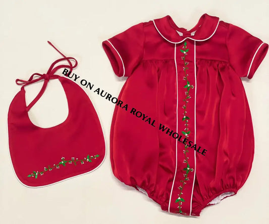 PRE-ORDER‼️NEW🎄PACK OF 5 SIZES HOLLY RED♥️SILK/SATIN BABY BOYS ROMPER & BIB SET👑 BABY/TODDLER OUTFIT