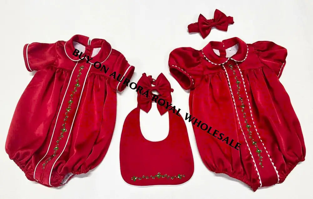 PRE-ORDER‼️NEW🎄PACK OF 5 SIZES HOLLY RED♥️SILK/SATIN BABY BOYS ROMPER & BIB SET👑 BABY/TODDLER OUTFIT
