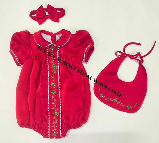 PRE-ORDER‼️NEW🎄PACK OF 5 SIZES HOLLY RED❤️SILK/SATIN BABY GIRLS ROMPER,BIB & HEADBAND OR BOWS🎀 BABY/TODDLER OUTFIT