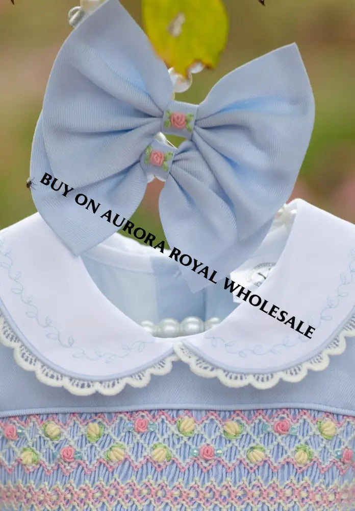 NEW! PACK OF 5 SIZES 🍁ISABELLA BABY BLUE❄️HAND-SMOCKED🧵🪡👑DRESS & ACCESSORIES🎀 - DRESS