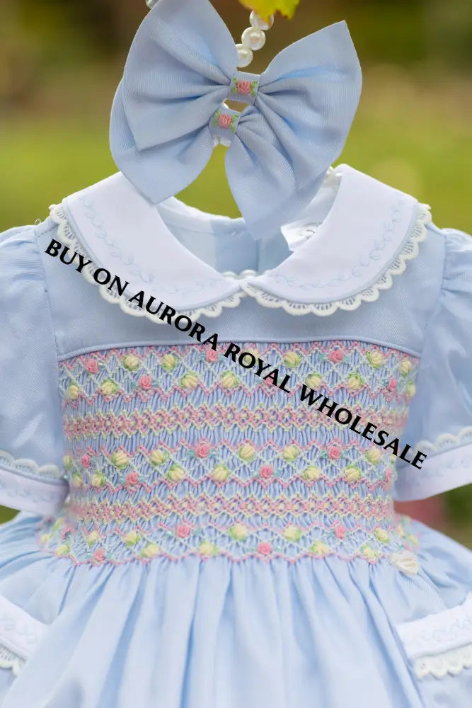 NEW! PACK OF 5 SIZES 🍁ISABELLA BABY BLUE❄️HAND-SMOCKED🧵🪡👑DRESS & ACCESSORIES🎀 - DRESS
