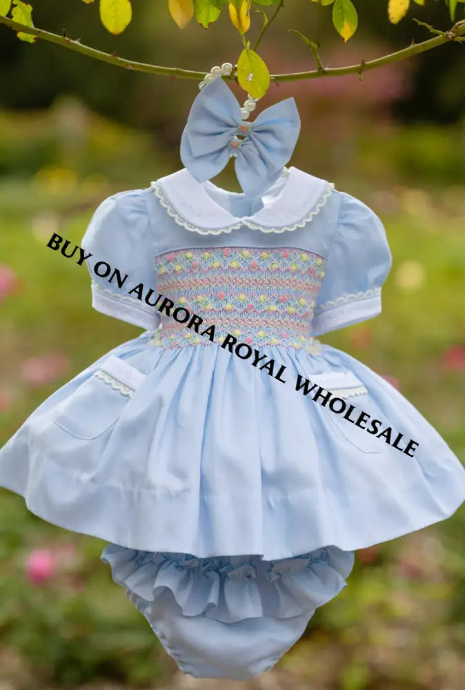 NEW! PACK OF 5 SIZES 🍁ISABELLA BABY BLUE❄️HAND-SMOCKED🧵🪡👑DRESS & ACCESSORIES🎀 - DRESS