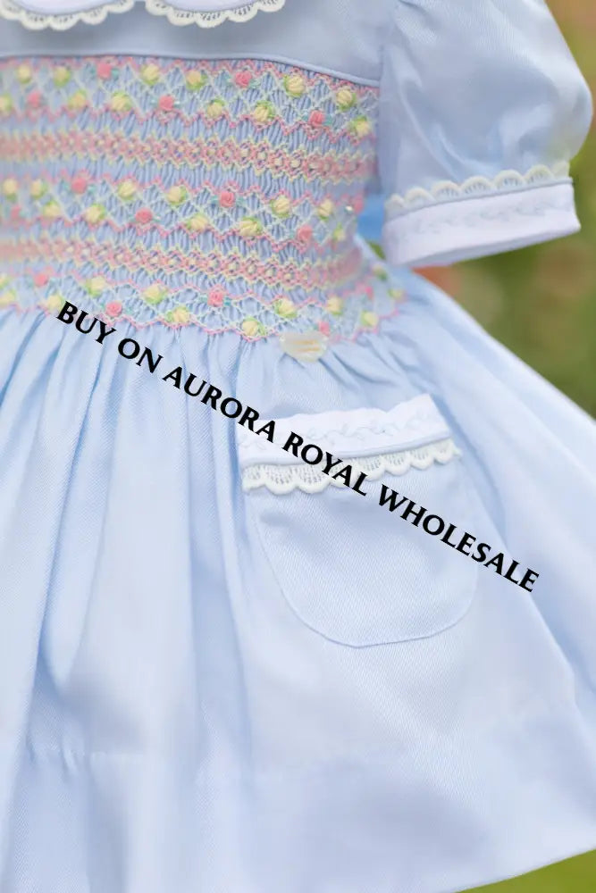 NEW! PACK OF 5 SIZES 🍁ISABELLA BABY BLUE❄️HAND-SMOCKED🧵🪡👑DRESS & ACCESSORIES🎀 - DRESS
