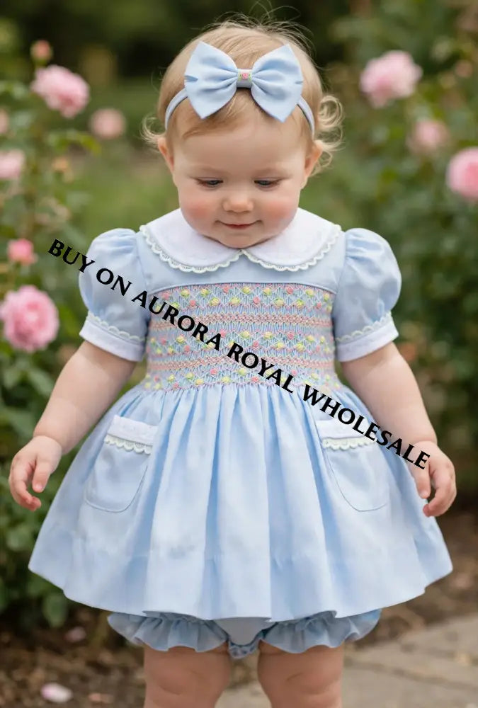 NEW! PACK OF 5 SIZES 🍁ISABELLA BABY BLUE❄️HAND-SMOCKED🧵🪡👑DRESS & ACCESSORIES🎀 - DRESS