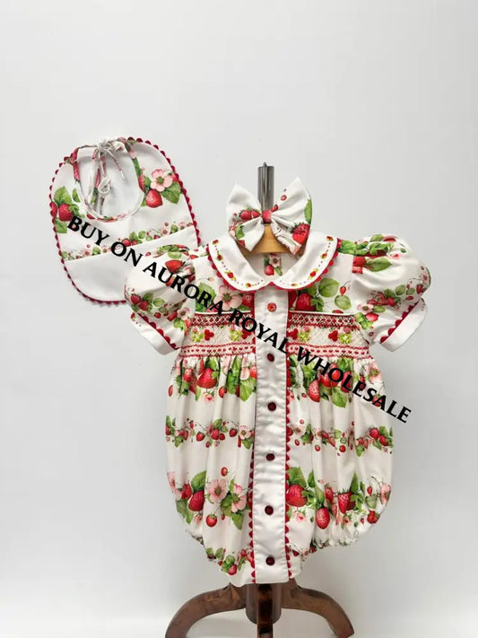 NEW PACK OF 5 SIZES JUICY 🍓CUSTOM PRINT HAND-SMOCKED 🧵🪡ROMPER BIB & HAIR BOWS OR HEADBAND 🎀🎀 BABY/TODDLER OUTFIT