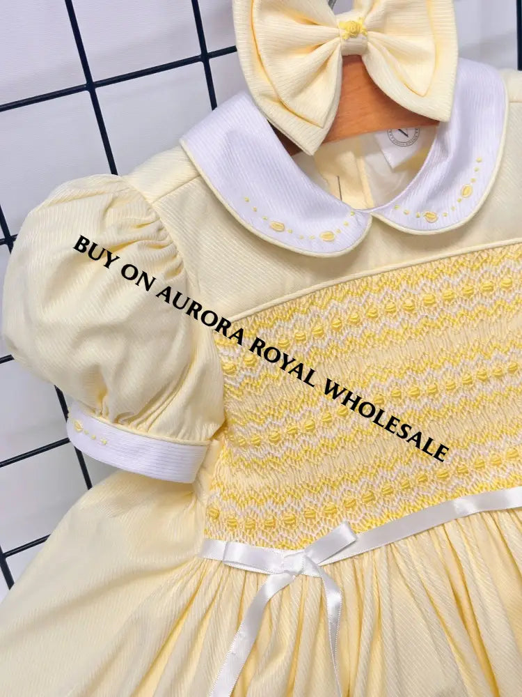 NEW🤩PACK OF 5 SIZES KATE LEMON🍋HAND-SMOCKED🧵🪡DRESS& HAIR BOWS OR HEADBAND🎀 BABY/TODDLER DRESS