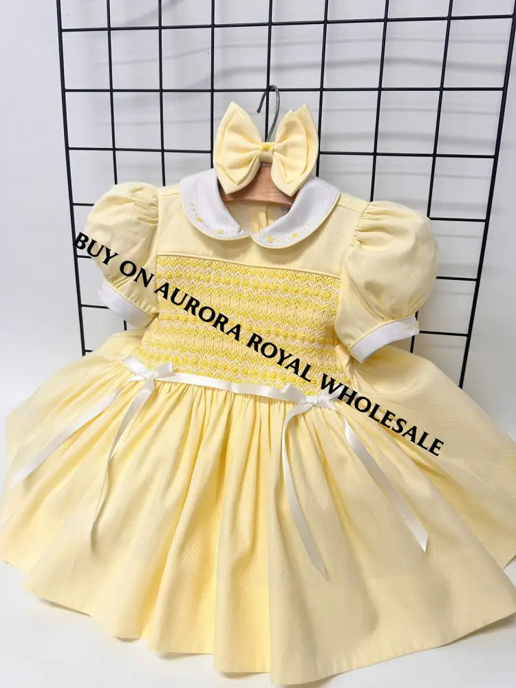 NEW🤩PACK OF 5 SIZES KATE LEMON🍋HAND-SMOCKED🧵🪡DRESS& HAIR BOWS OR HEADBAND🎀 BABY/TODDLER DRESS