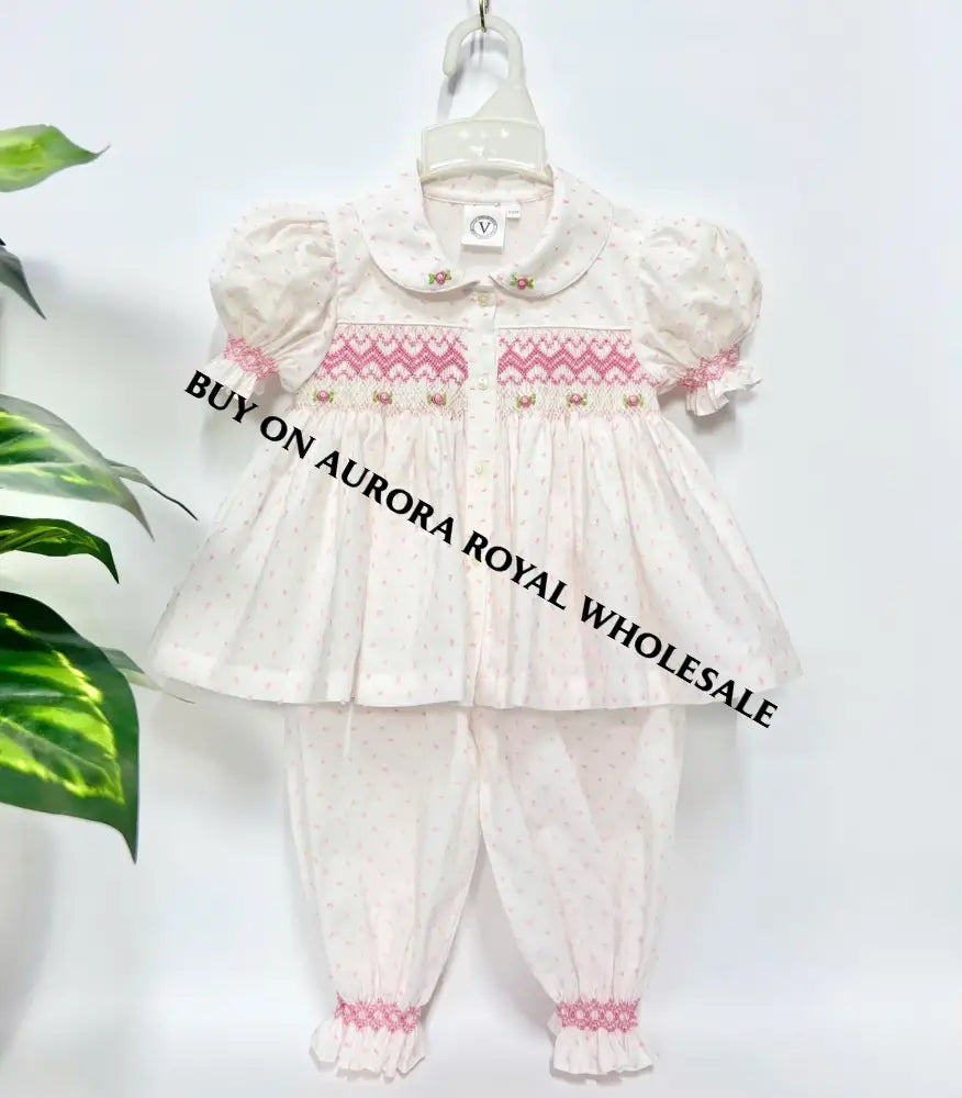 New🌷🤩Pack Of 5 Sizes Kira Pink Quilted Gown Hand-Smocked Pyjama & Bows Set🎀🎀 Baby-Toddler Dresses